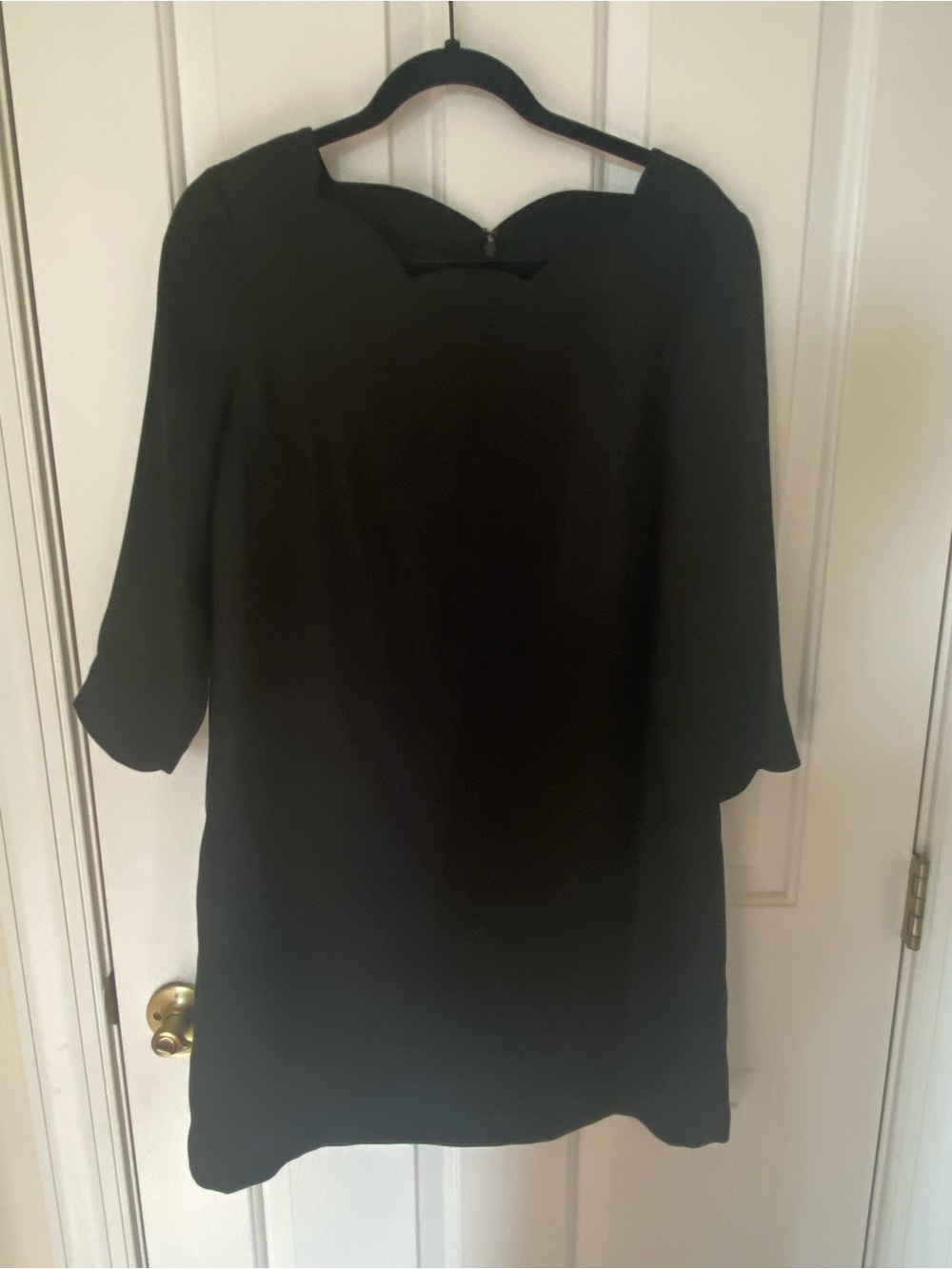 CeCe Black Midi Shift Dress with Three-Quarter Scalloped Neck & Sleeves